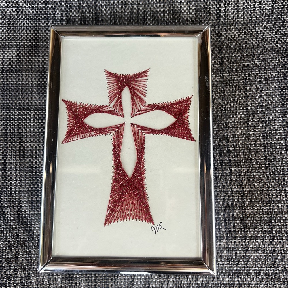 Handmade Red String Art Cross Framed Religious Wall Decor Signed MK 4"x‎ 6"